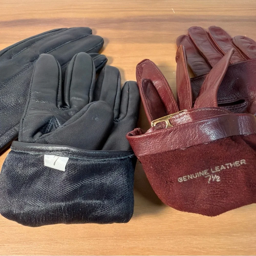 Women’s Lot (2) Gloves 100% Genuine Leather Lined Black‎ Unlink Red Sz 7 Driving